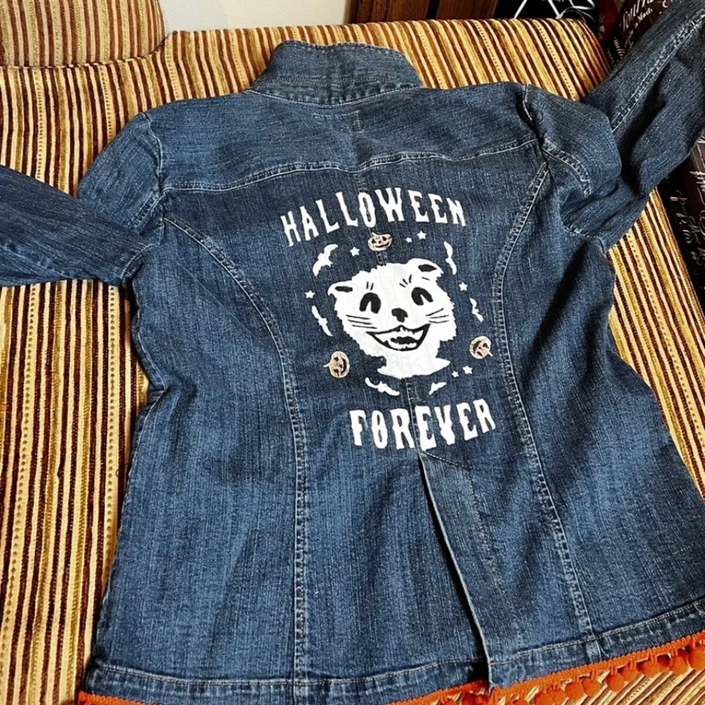 Rare Halloween Forever Chaps blue jean denim jacket costume cat wow Large